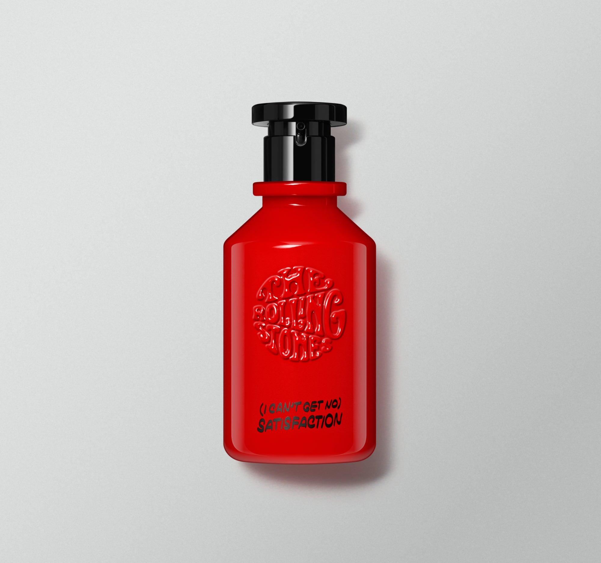 A red bottle of perfume with a black pump, labeled 'Satisfaction' by the Rolling Stones